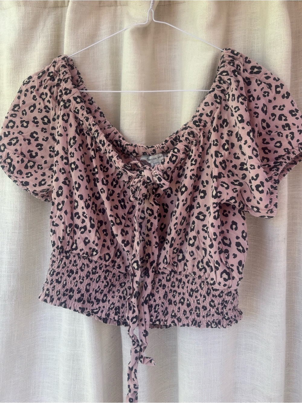 American Eagle Smocked Leopard Print Peasant Top - Pink